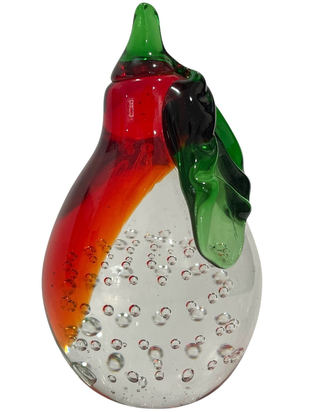 Vintage 1980s Murano Art Glass Pear Paperweight - Red & Green Controlled Bubbles